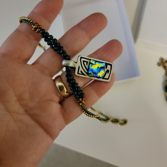 18" Beaded Gold and Green necklace with 1" silver Pendant with rainbow stone - Picture 10 of 11